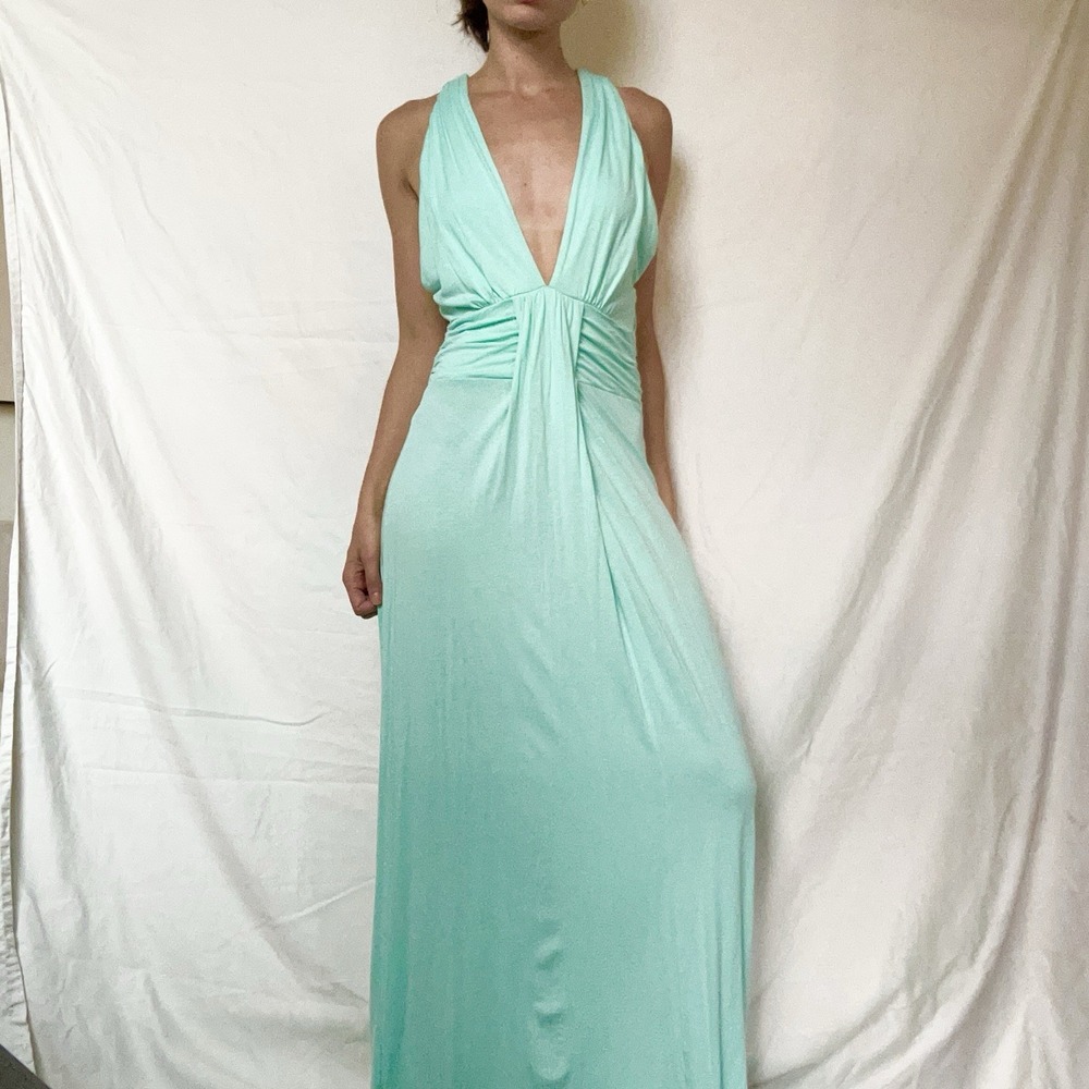 Venus Mint Green Backless Maxi Dress Deep V Neck Y2K Beach Boho Chic Formal